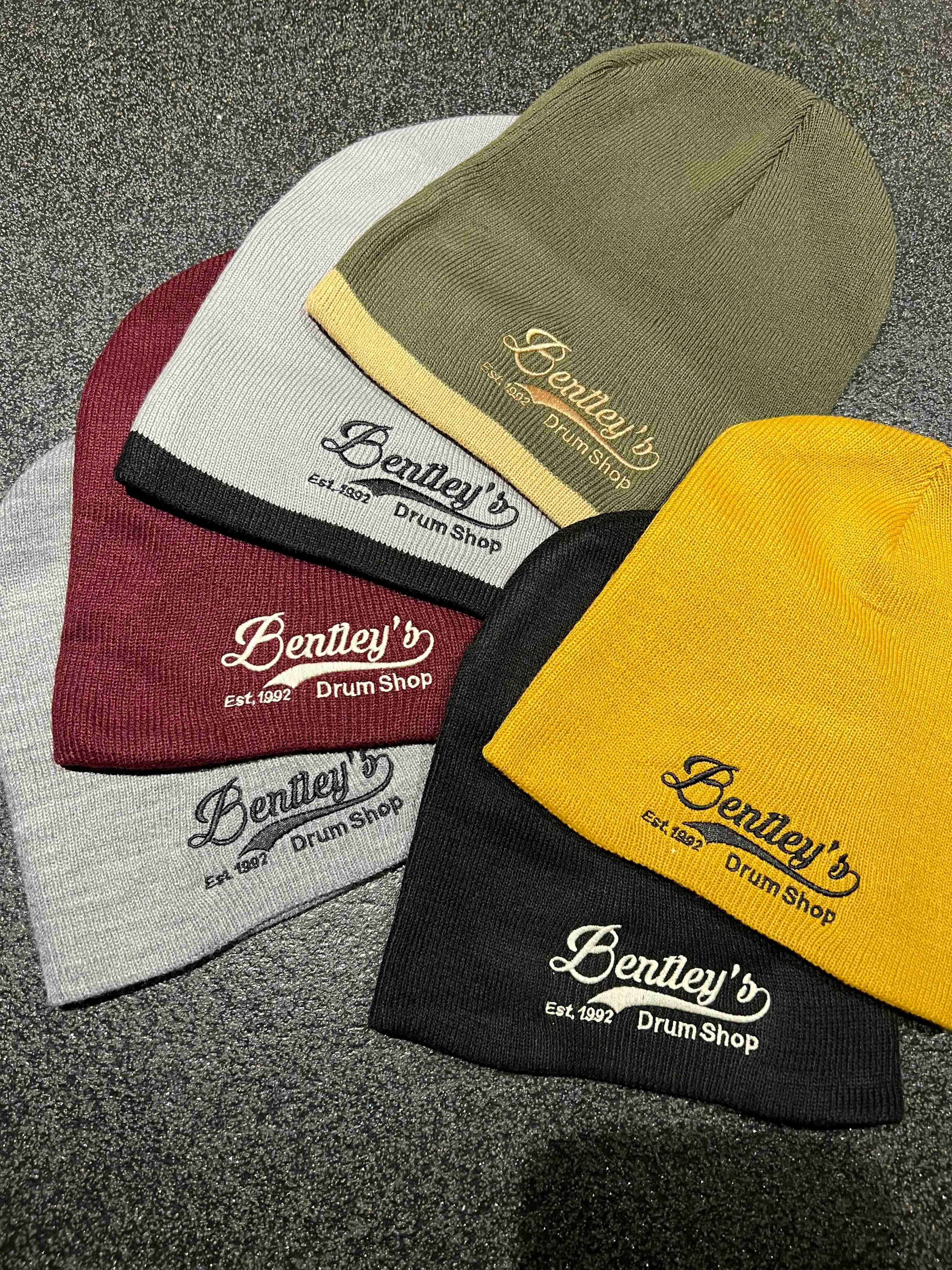 Bentley's Drum Shop Embroidered Beanie Hats in Various Colors